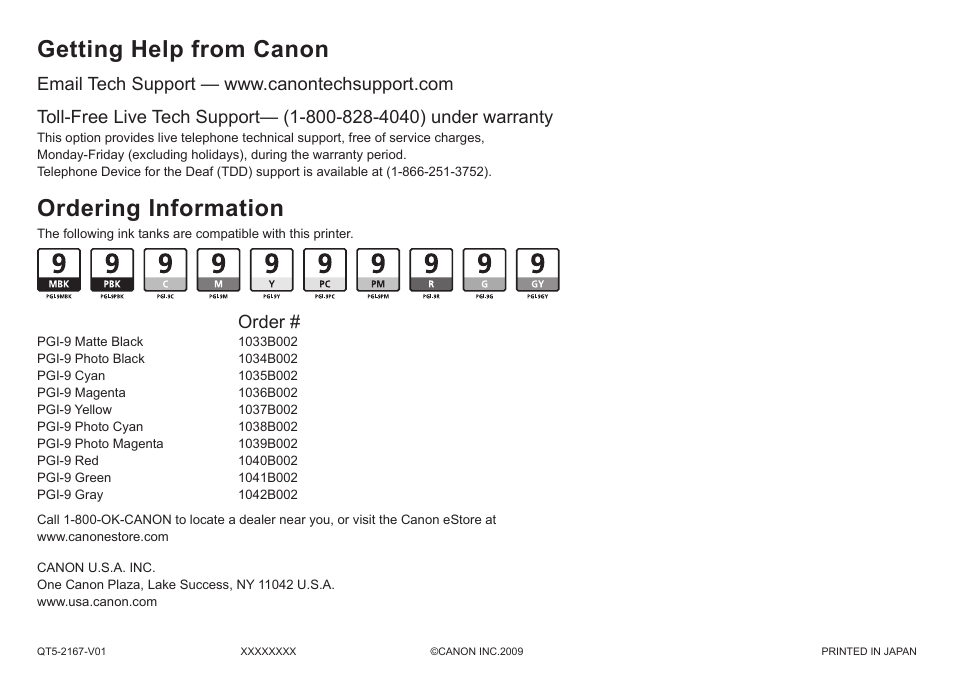 Getting help from canon, Ordering information, Order | Canon PIXMA Pro9500 Mark II User Manual | Page 36 / 36