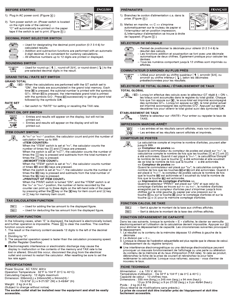 Before starting, Preparatifs, Rounding switch | Selecteur de decimale, Commutateur d'arrondi au plus pres, Grand total / rate set switch, Grand total, Selecteur de total global / etablissement de taux, Rate set, Print on, off switch | Canon CP1200-D User Manual | Page 2 / 4