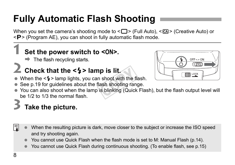 Cop y, Fully automatic flash shooting | Canon Speedlite 270EX User Manual | Page 10 / 76