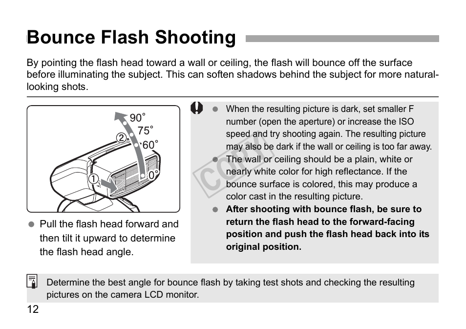 Cop y, Bounce flash shooting | Canon Speedlite 270EX User Manual | Page 14 / 76