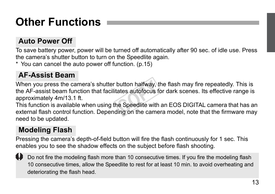 Cop y, Other functions | Canon Speedlite 270EX User Manual | Page 15 / 76