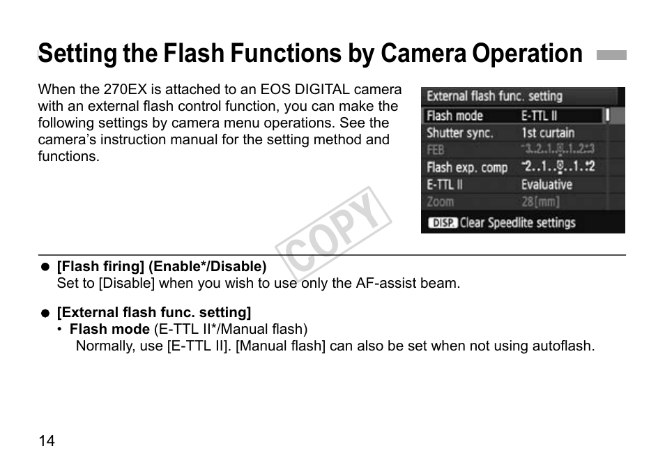 Cop y, Setting the flash functions by camera operation | Canon Speedlite 270EX User Manual | Page 16 / 76
