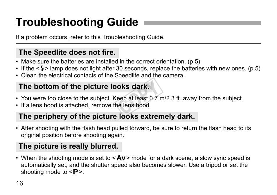 Cop y, Troubleshooting guide | Canon Speedlite 270EX User Manual | Page 18 / 76