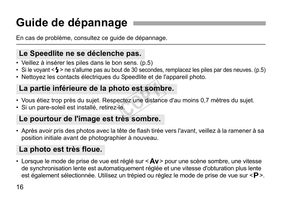 Cop y, Guide de dépannage | Canon Speedlite 270EX User Manual | Page 42 / 76