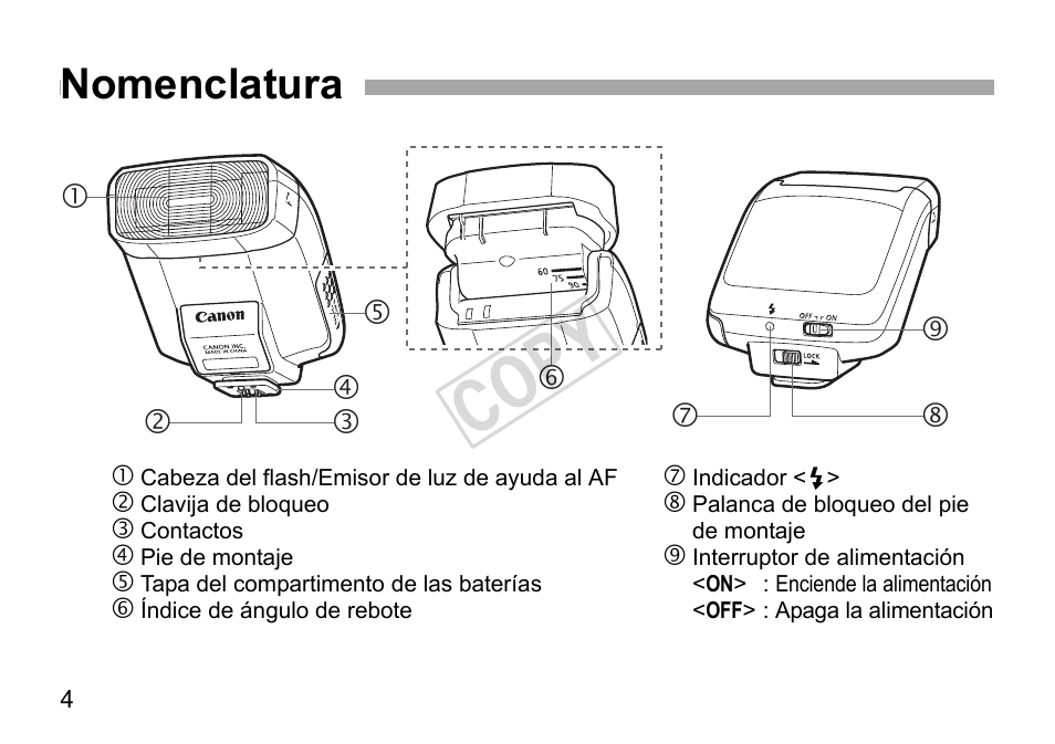 Cop y, Nomenclatura | Canon Speedlite 270EX User Manual | Page 54 / 76