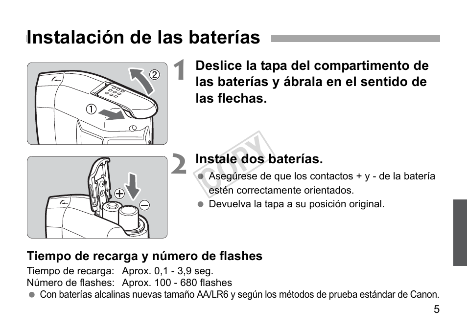 Cop y, Instalación de las baterías | Canon Speedlite 270EX User Manual | Page 55 / 76
