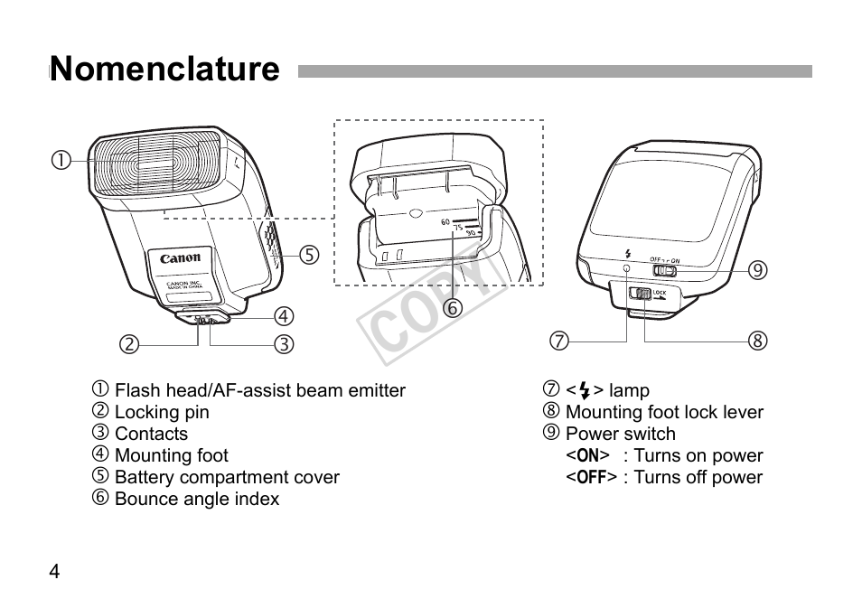 Cop y, Nomenclature | Canon Speedlite 270EX User Manual | Page 6 / 76