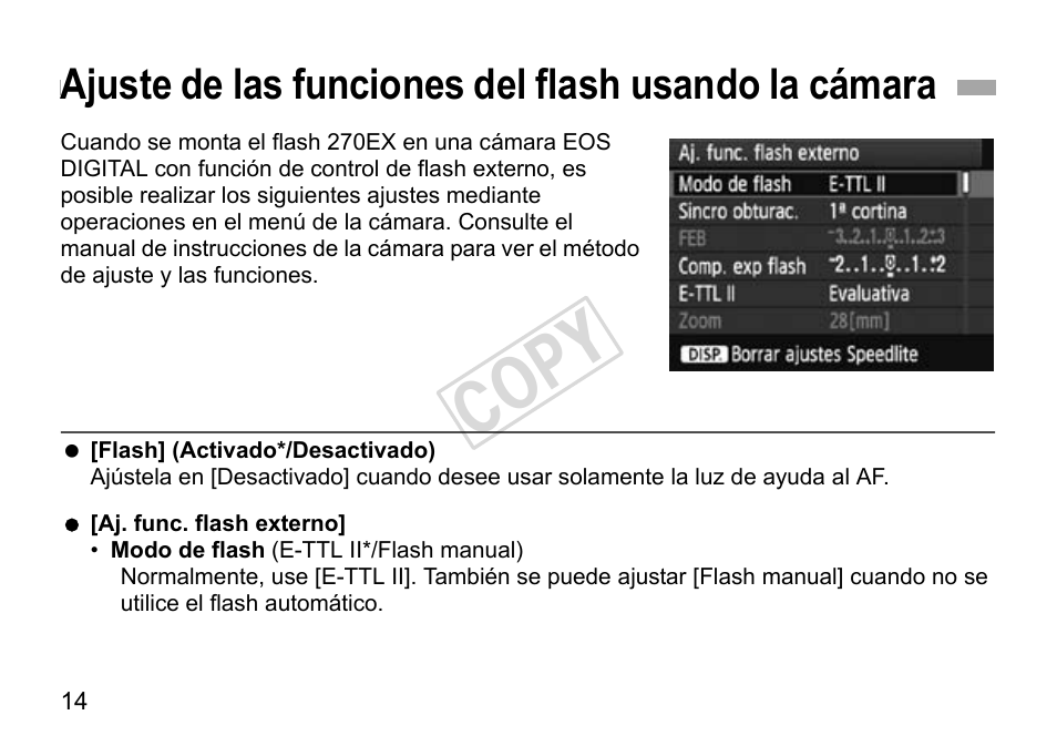 Cop y, Ajuste de las funciones del flash usando la cámara | Canon Speedlite 270EX User Manual | Page 64 / 76