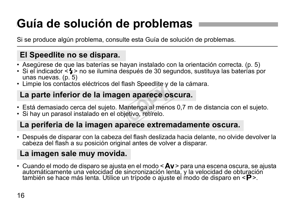 Cop y, Guía de solución de problemas | Canon Speedlite 270EX User Manual | Page 66 / 76