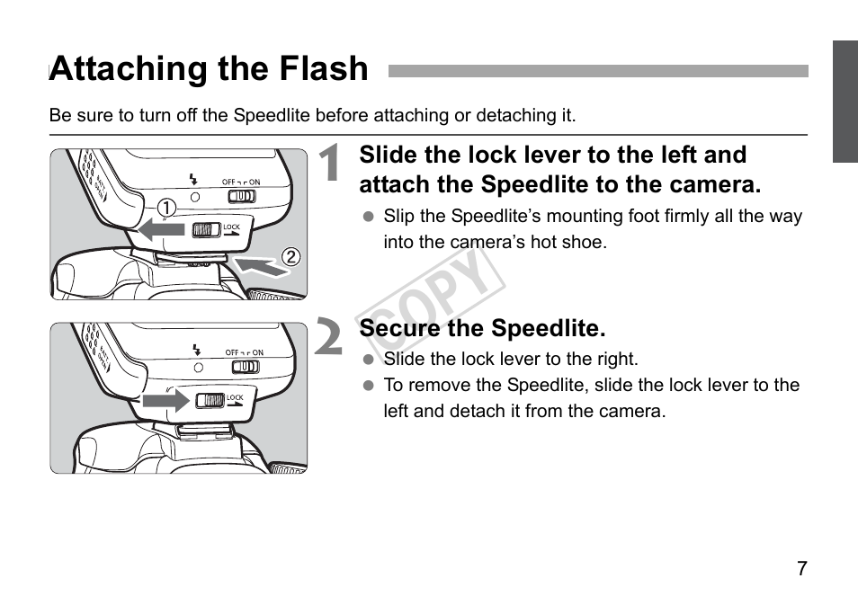 Cop y, Attaching the flash | Canon Speedlite 270EX User Manual | Page 9 / 76