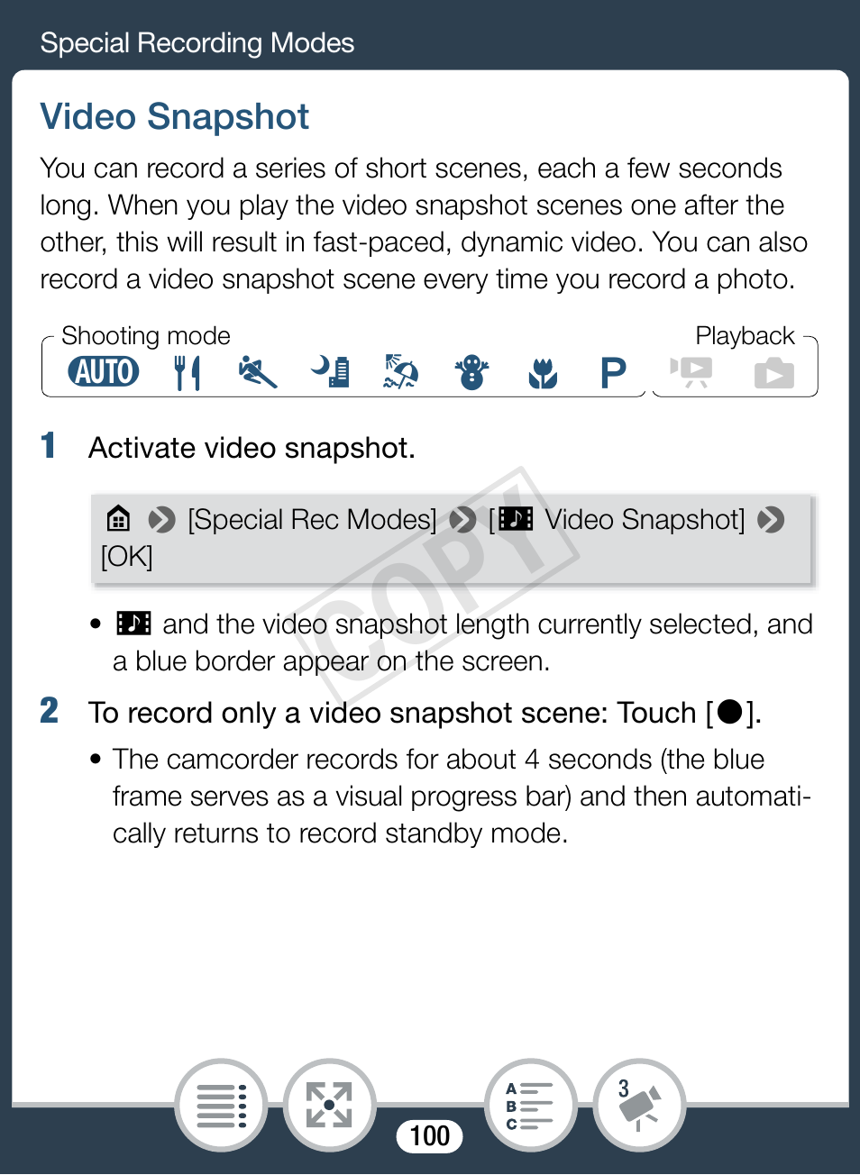 Video snapshot, Cop y | Canon VIXIA mini User Manual | Page 100 / 253