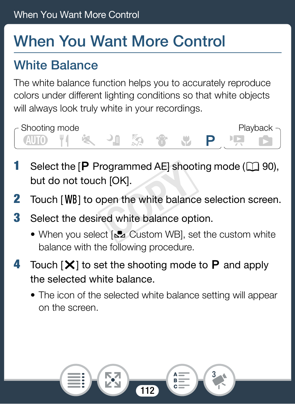 When you want more control, White balance, 112) an | Cop y | Canon VIXIA mini User Manual | Page 112 / 253