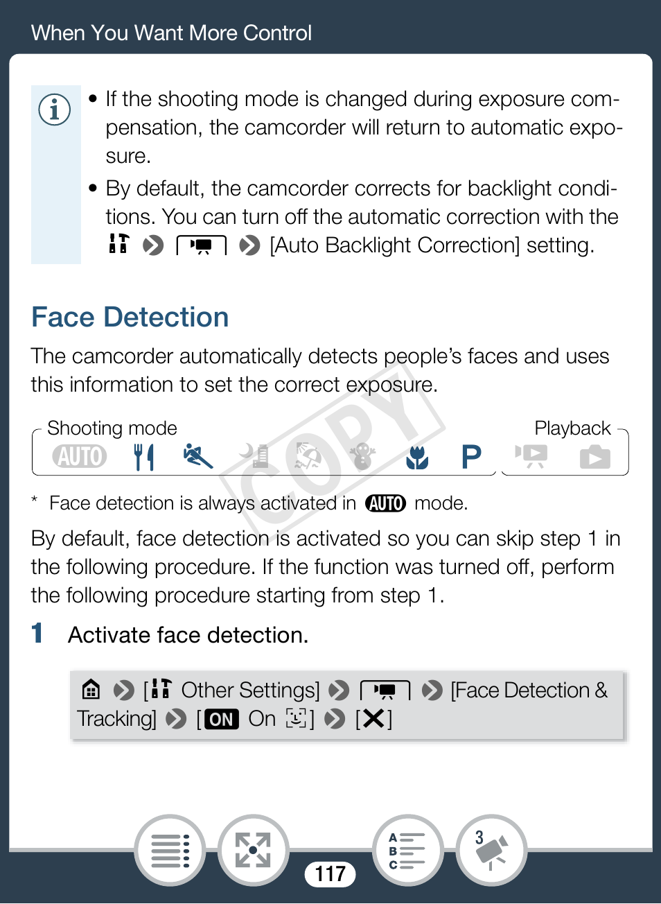 Face detection, Cop y | Canon VIXIA mini User Manual | Page 117 / 253