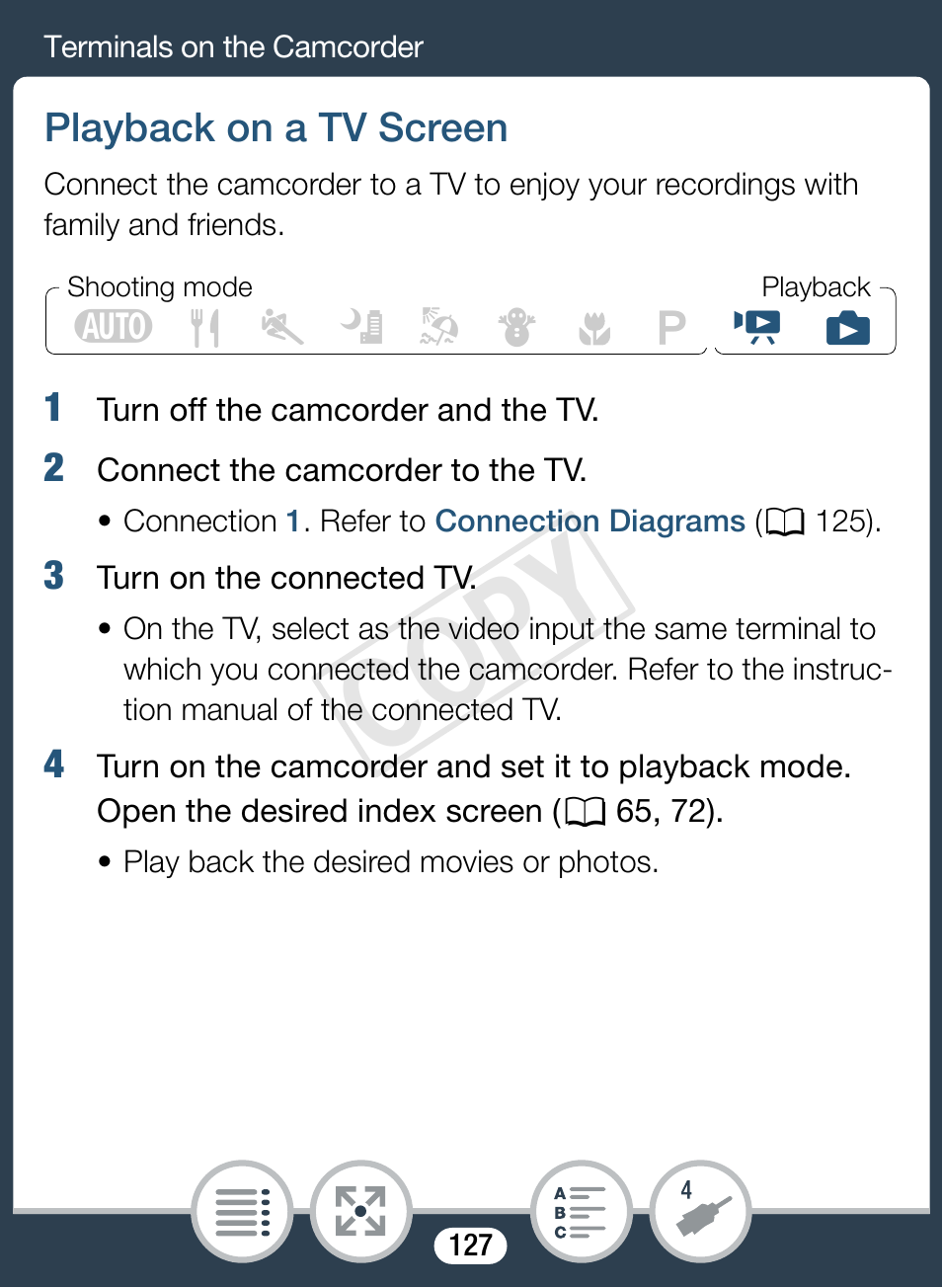 Playback on a tv screen, Cop y | Canon VIXIA mini User Manual | Page 127 / 253