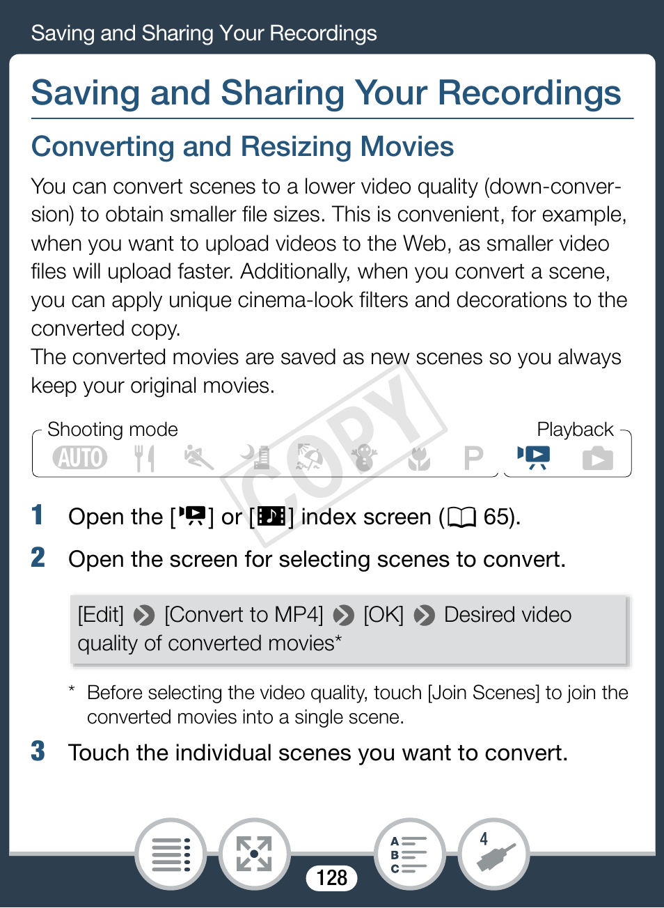 Saving and sharing your recordings, Converting and resizing movies, Cop y | Canon VIXIA mini User Manual | Page 128 / 253