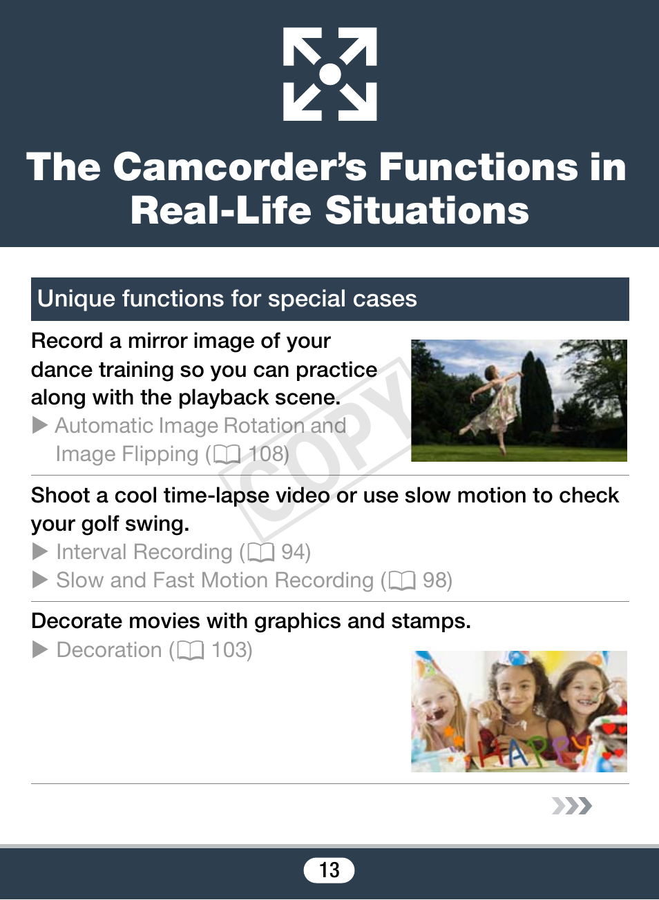 The camcorder’s functions in real-life situations, Unique functions for special cases, Cop y | Canon VIXIA mini User Manual | Page 13 / 253