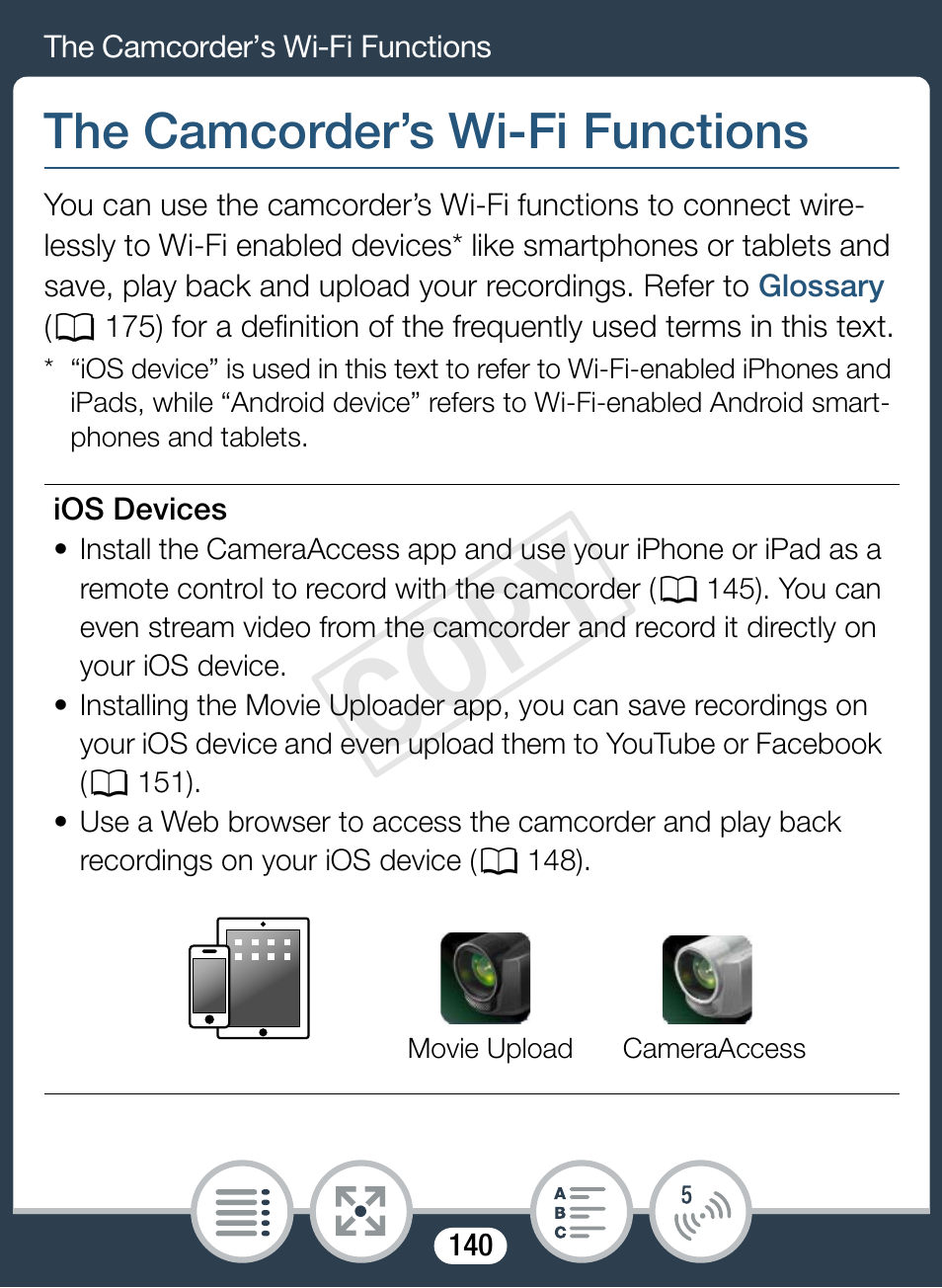 The camcorder’s wi-fi functions, Cop y | Canon VIXIA mini User Manual | Page 140 / 253