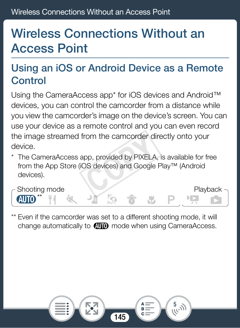 Wireless connections without an access point, Using an ios or android device as a remote control, 145). y | Cop y | Canon VIXIA mini User Manual | Page 145 / 253