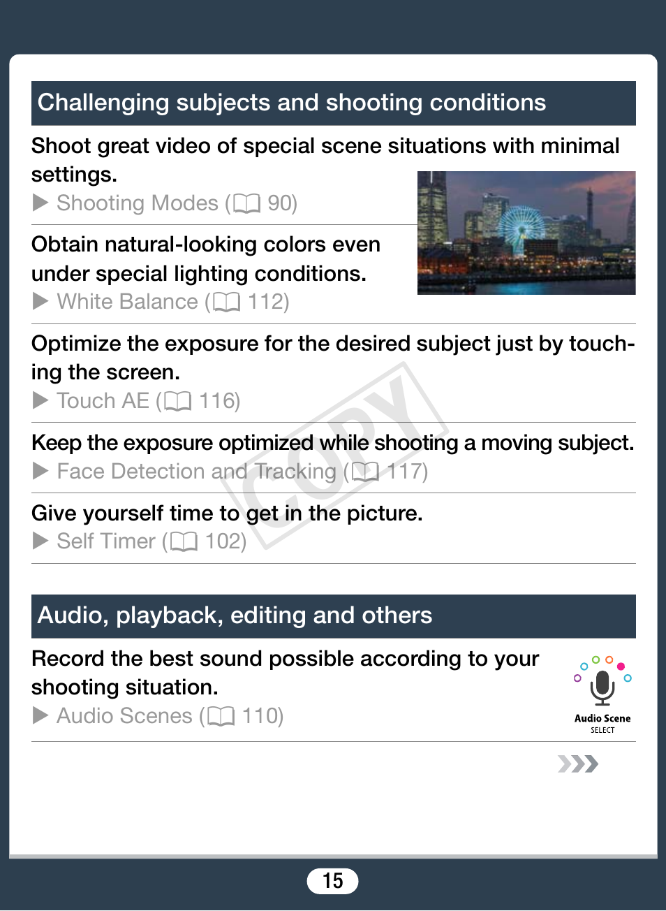 Challenging subjects and shooting conditions, Audio, playback, editing and others, C op y | Canon VIXIA mini User Manual | Page 15 / 253
