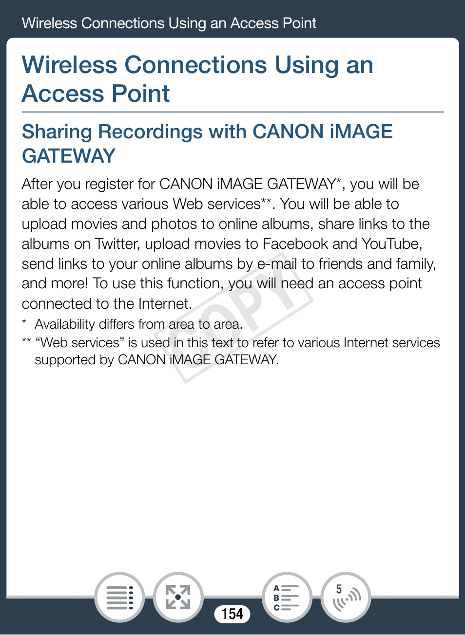 Wireless connections using an access point, Sharing recordings with canon image gateway, Cop y | Canon VIXIA mini User Manual | Page 154 / 253