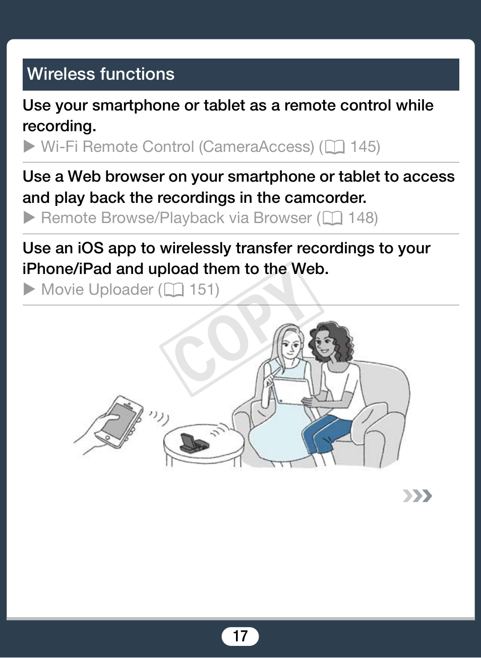 Wireless functions, Cop y | Canon VIXIA mini User Manual | Page 17 / 253