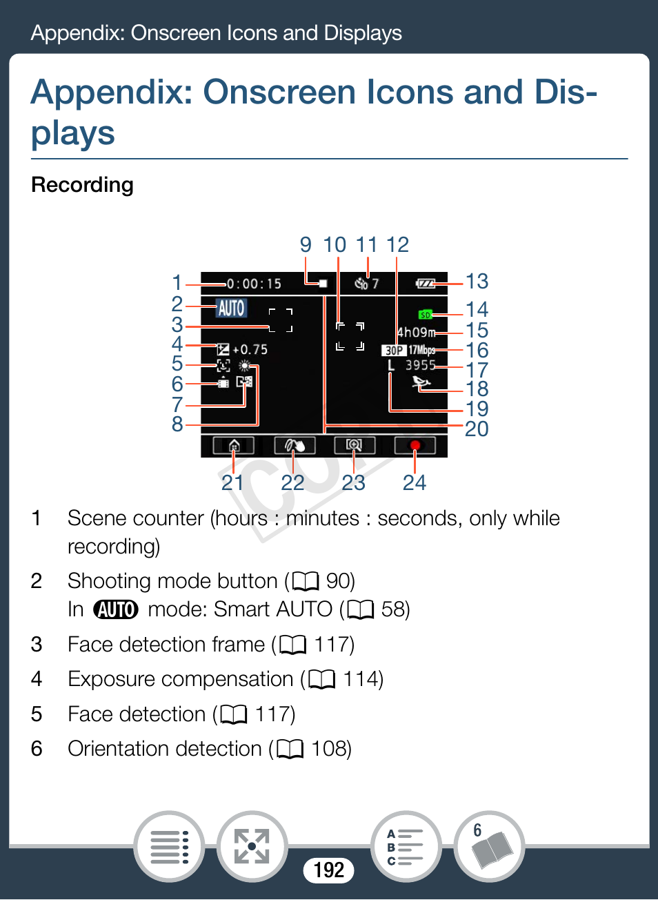 Appendix: onscreen icons and displays, Cop y, Appendix: onscreen icons and dis- plays | Canon VIXIA mini User Manual | Page 192 / 253