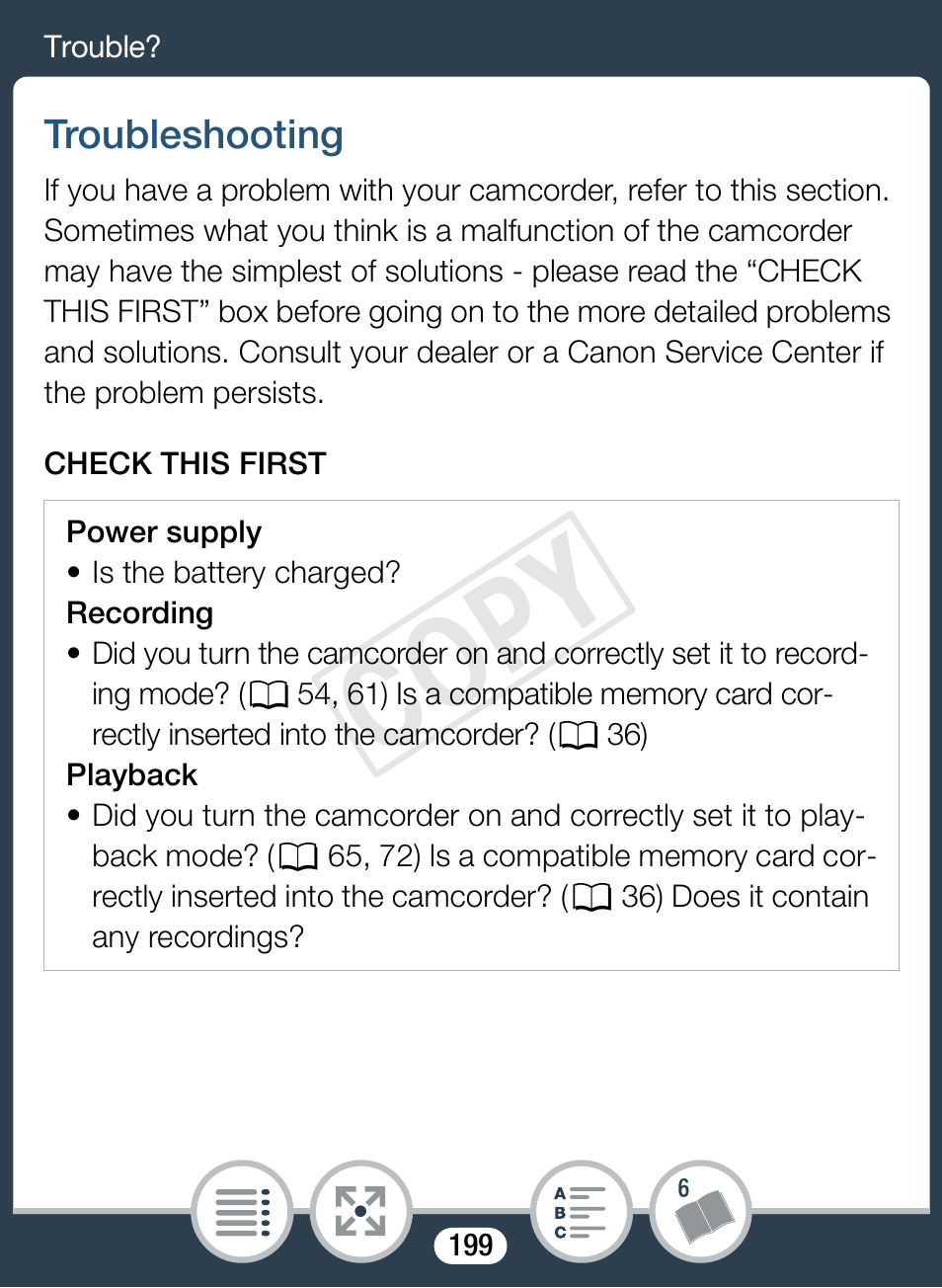 Trouble, Troubleshooting, Cop y | Canon VIXIA mini User Manual | Page 199 / 253