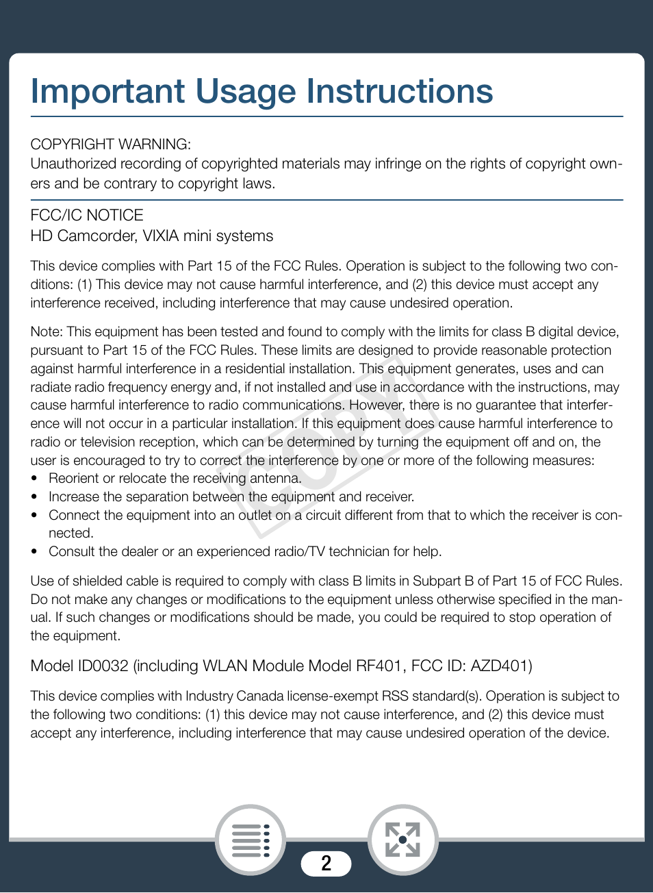 Important usage instructions, Cop y | Canon VIXIA mini User Manual | Page 2 / 253