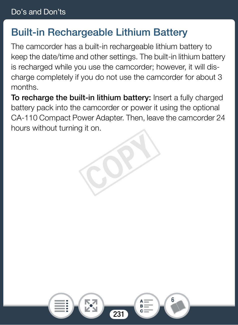 Built-in rechargeable lithium battery, 231). th, Cop y | Canon VIXIA mini User Manual | Page 231 / 253