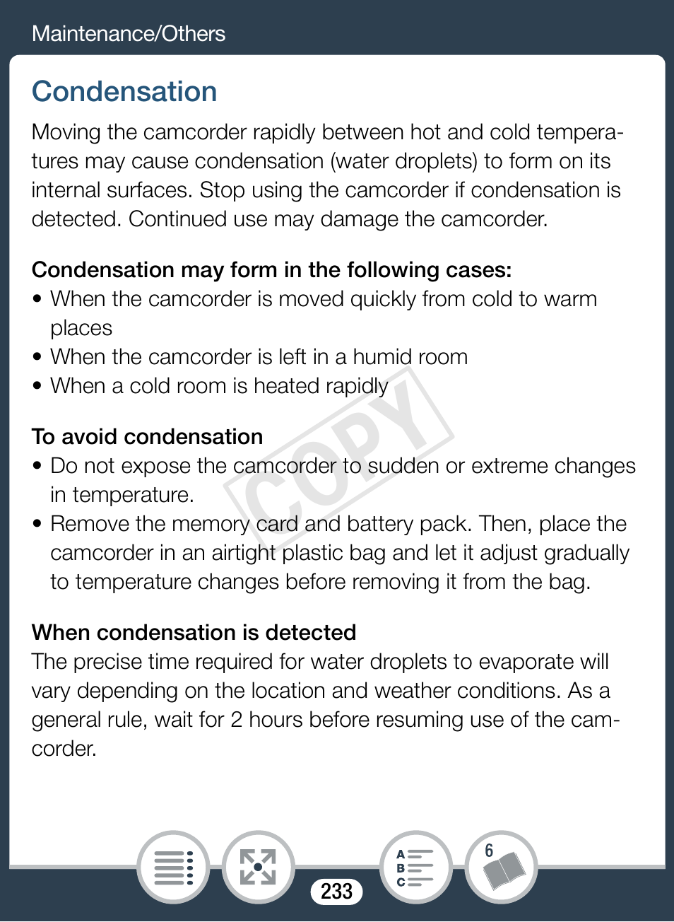 Condensation, Cop y | Canon VIXIA mini User Manual | Page 233 / 253