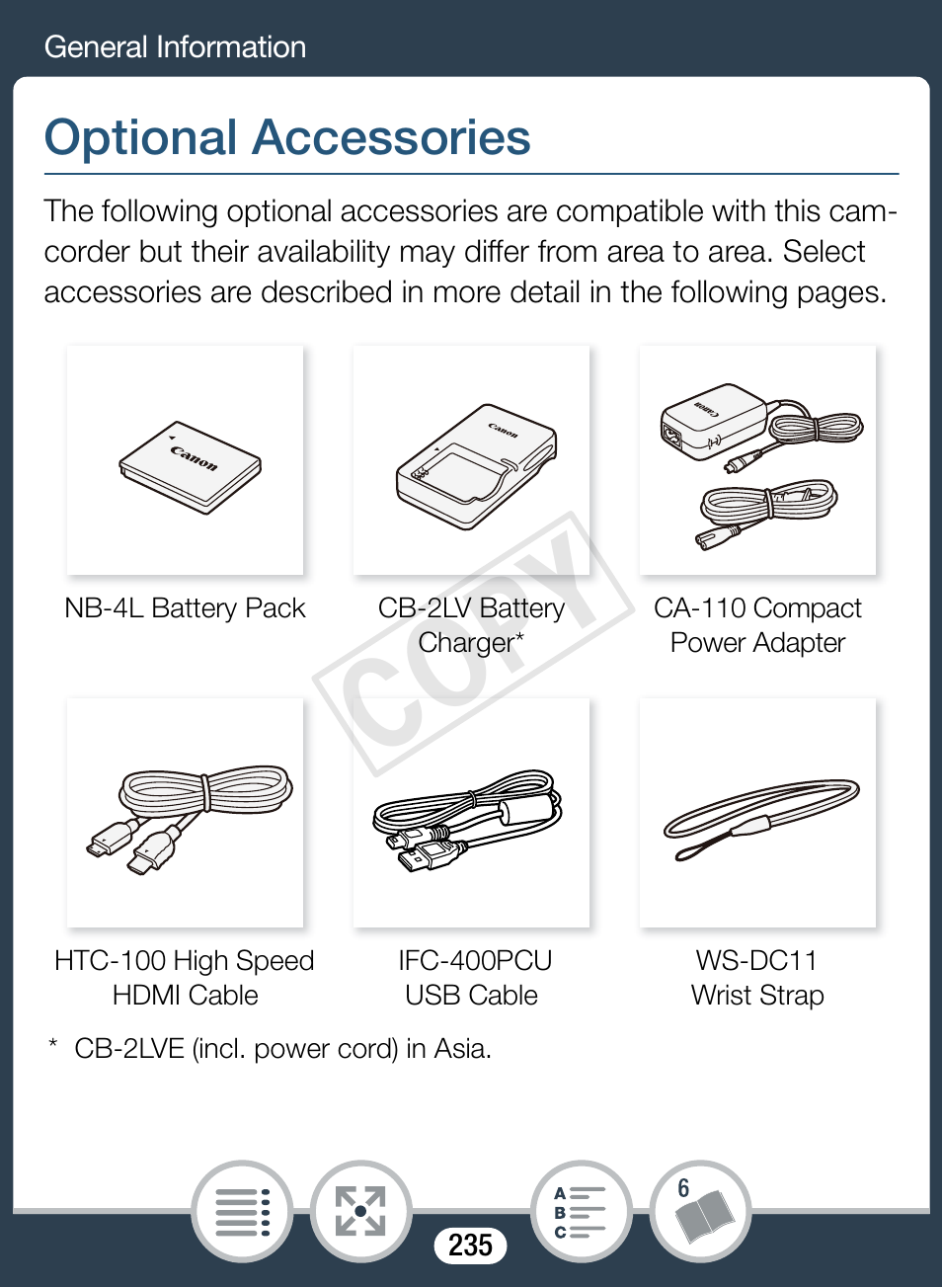 General information, Optional accessories, Cop y | Canon VIXIA mini User Manual | Page 235 / 253