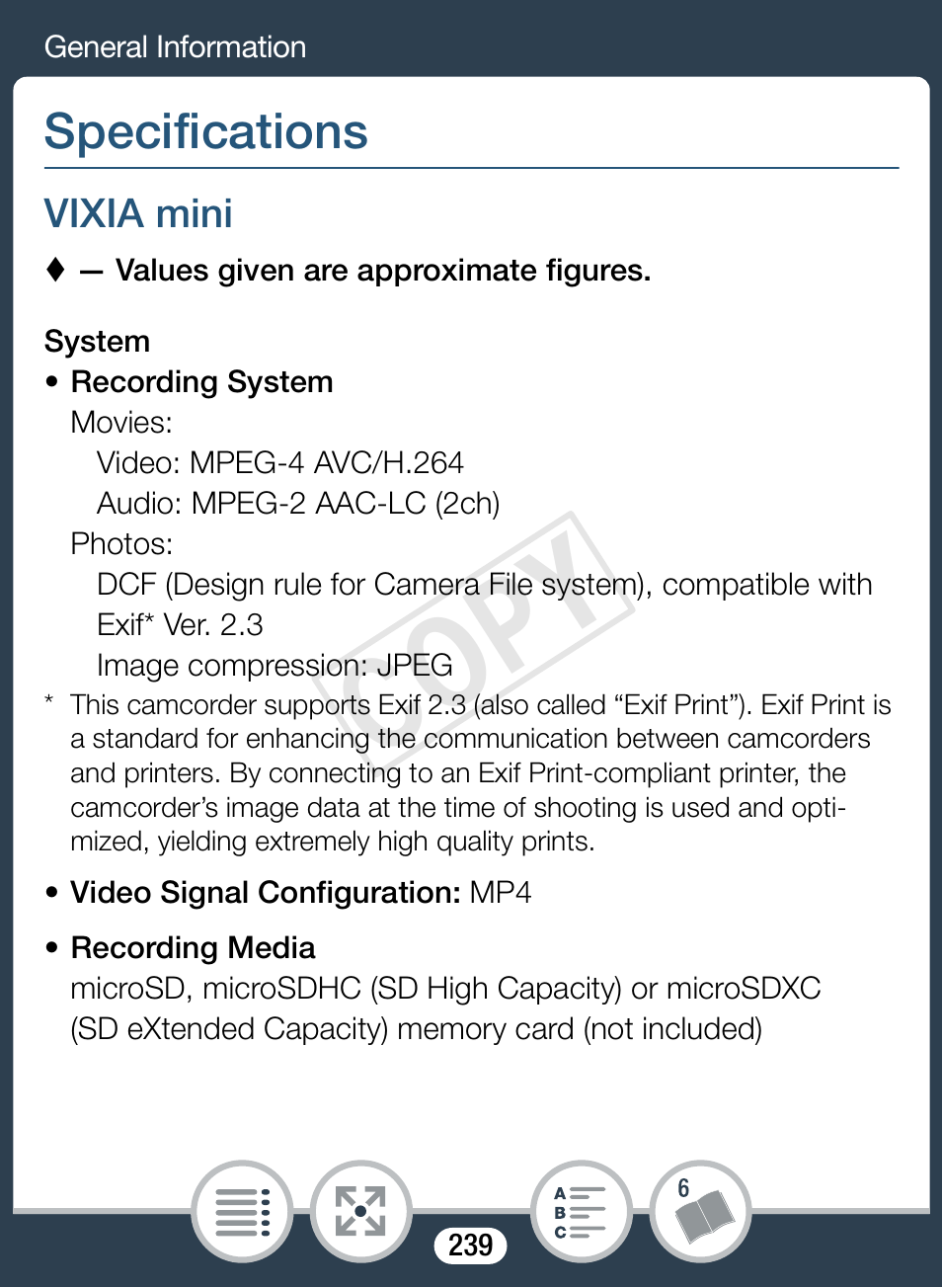 Specifications, Vixia mini, Cop y | Canon VIXIA mini User Manual | Page 239 / 253