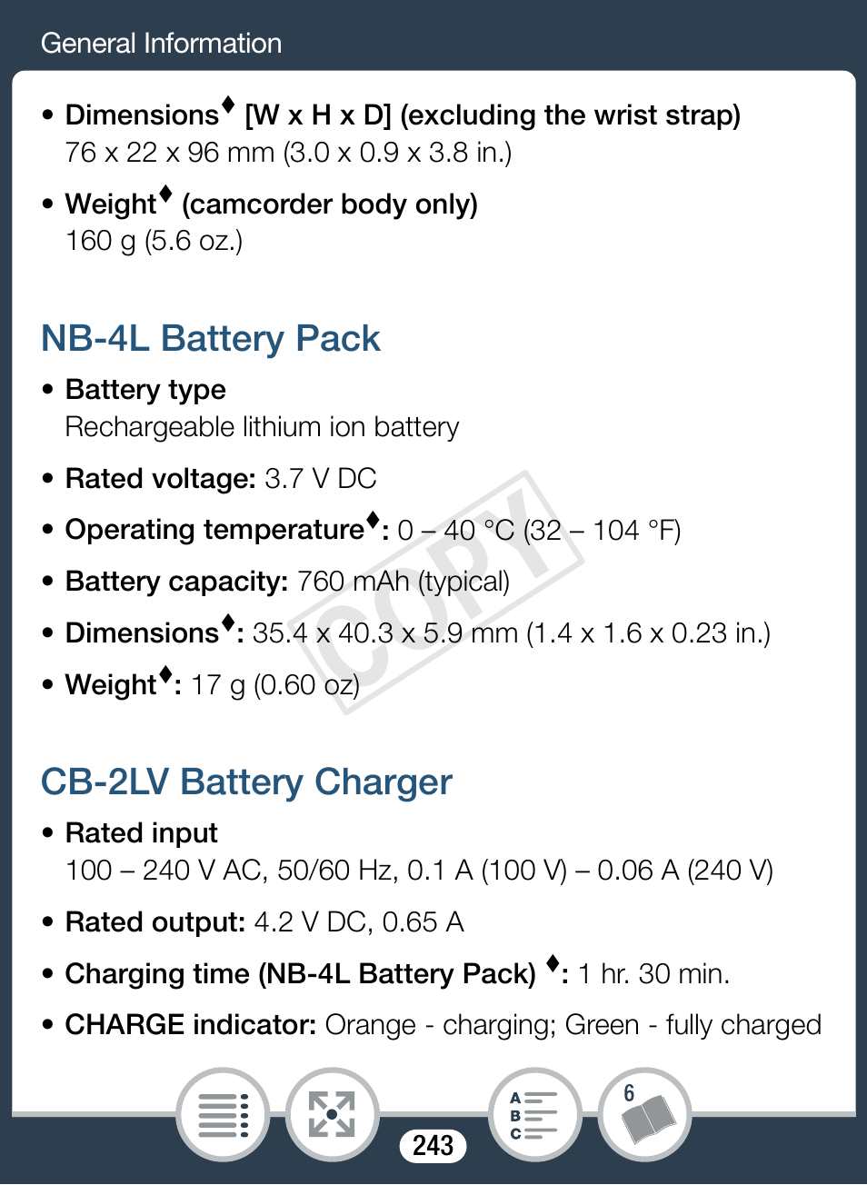 Nb-4l battery pack, Cb-2lv battery charger, Cop y | Canon VIXIA mini User Manual | Page 243 / 253