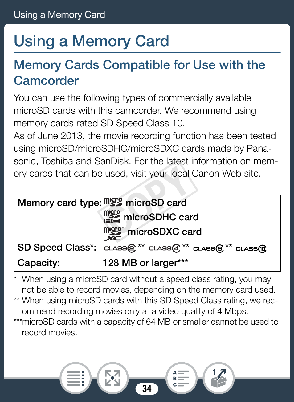 Using a memory card, Memory cards compatible for use with the camcorder, Cop y | Canon VIXIA mini User Manual | Page 34 / 253