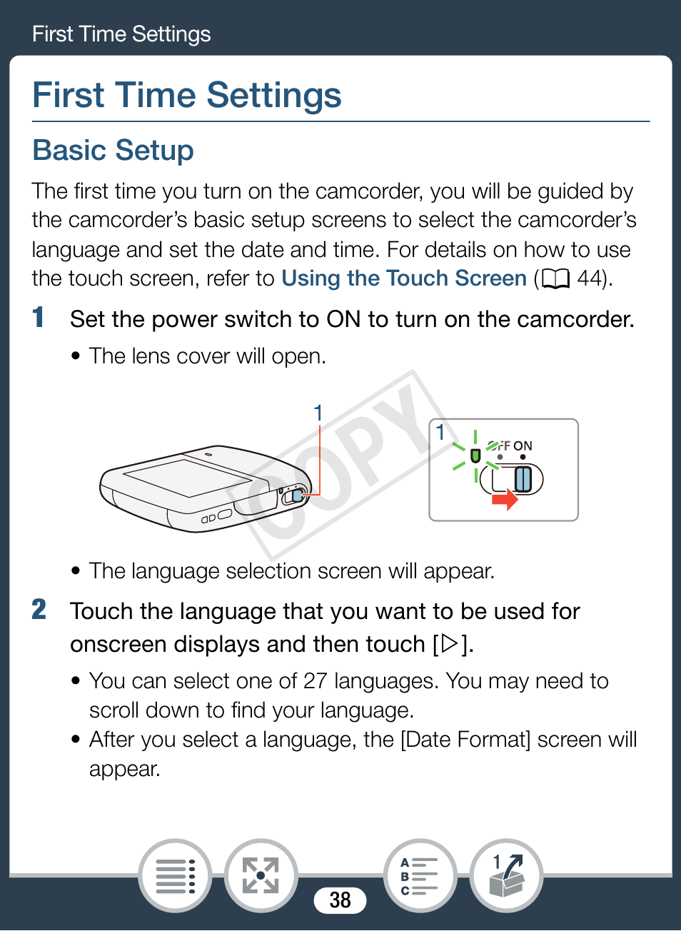 First time settings, Basic setup, Cop y | Canon VIXIA mini User Manual | Page 38 / 253