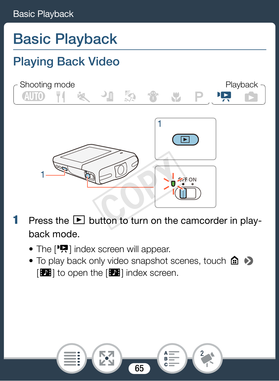 Basic playback, Playing back video, Cop y | Canon VIXIA mini User Manual | Page 65 / 253