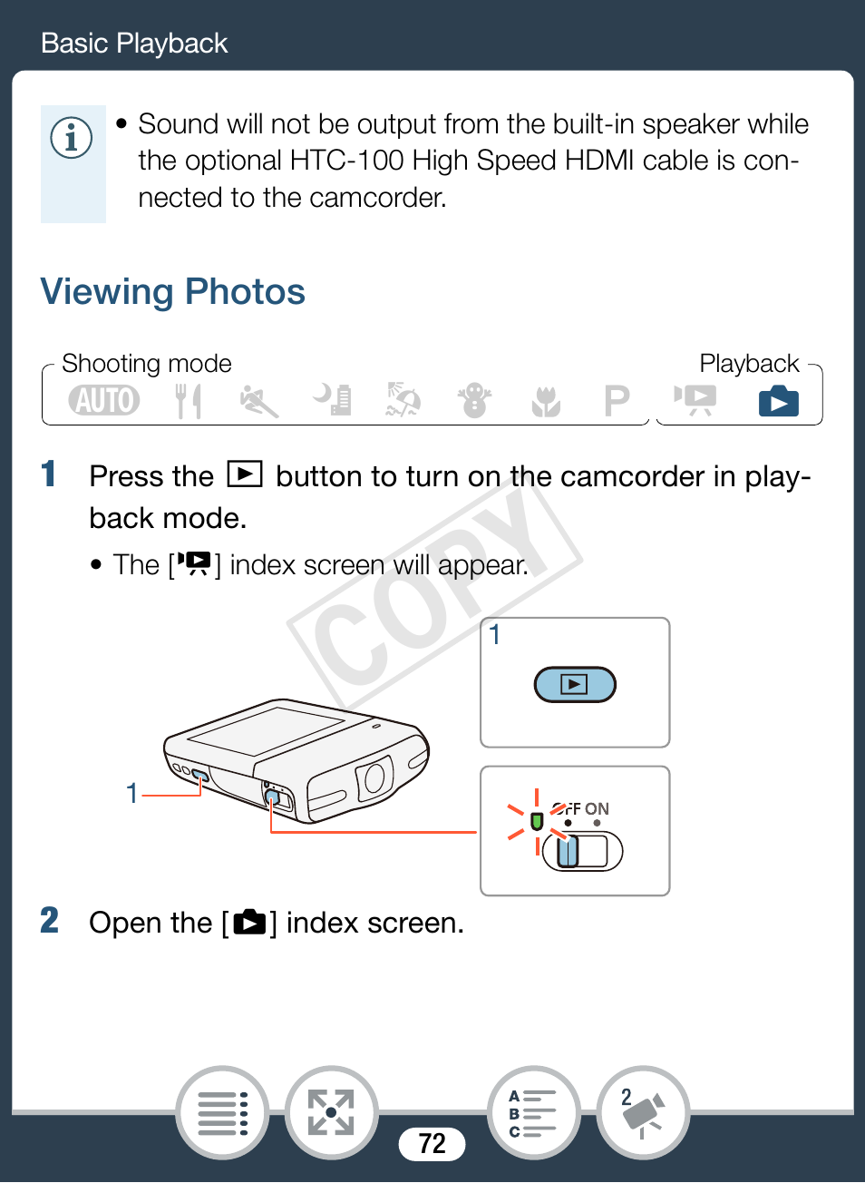 Viewing photos, Cop y | Canon VIXIA mini User Manual | Page 72 / 253