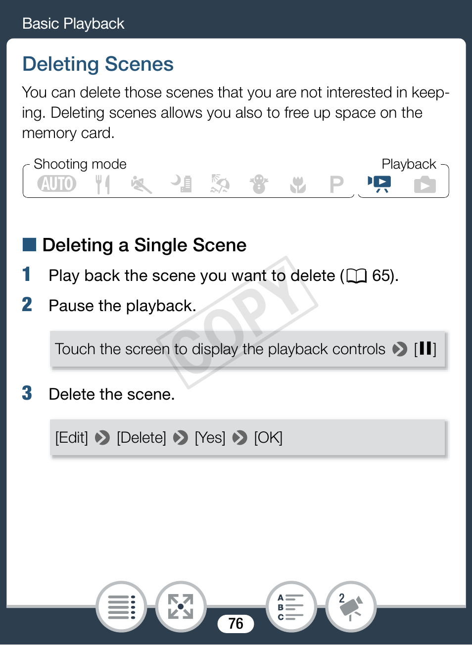 Deleting scenes, Cop y | Canon VIXIA mini User Manual | Page 76 / 253