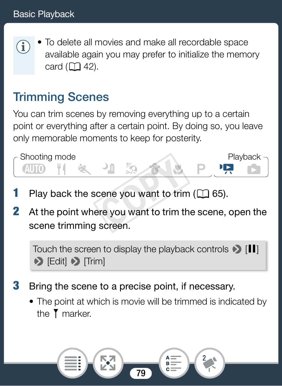 Trimming scenes, Cop y | Canon VIXIA mini User Manual | Page 79 / 253