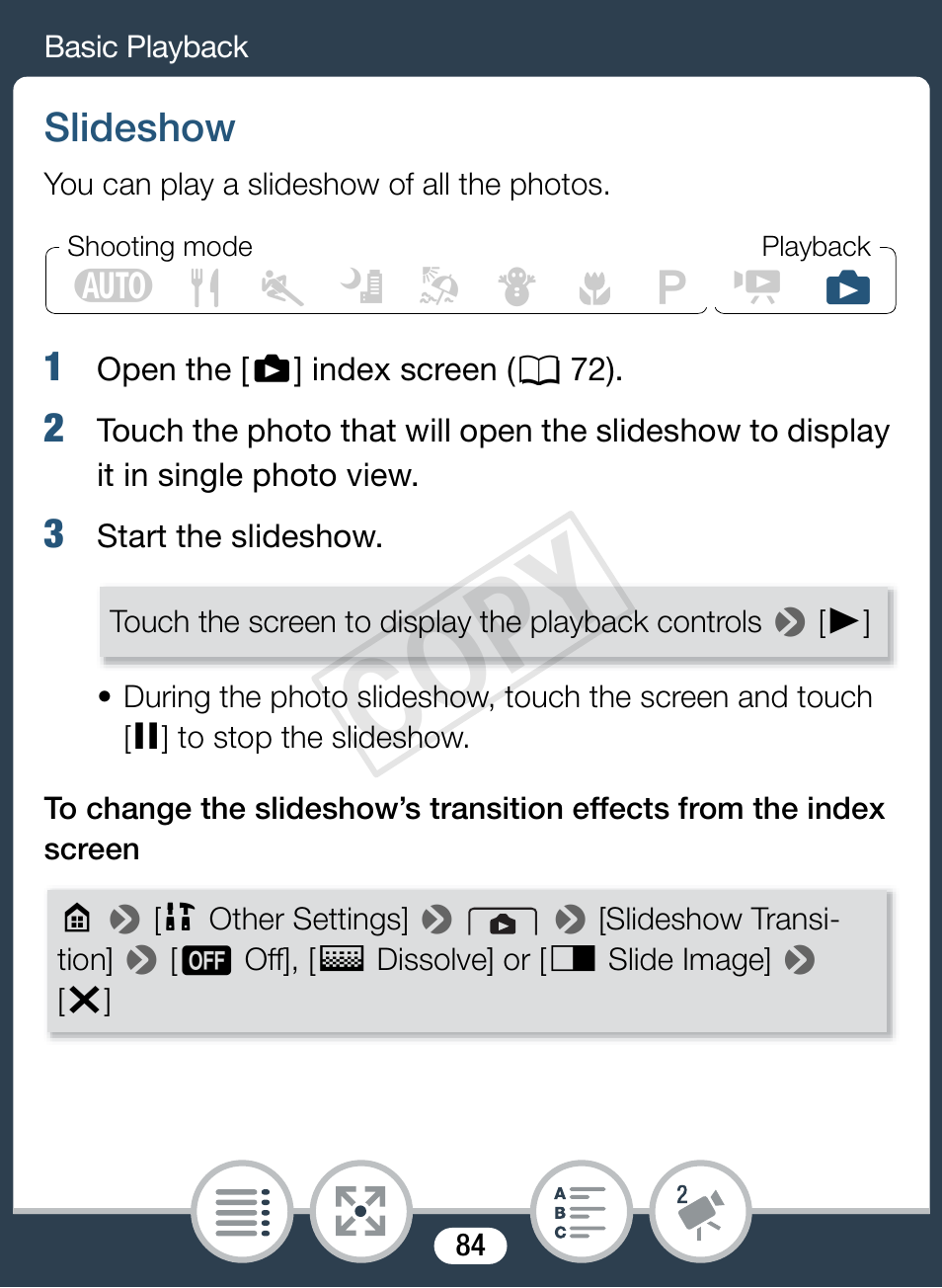 Slideshow, Cop y | Canon VIXIA mini User Manual | Page 84 / 253