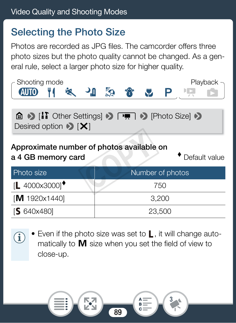 Selecting the photo size, Cop y | Canon VIXIA mini User Manual | Page 89 / 253