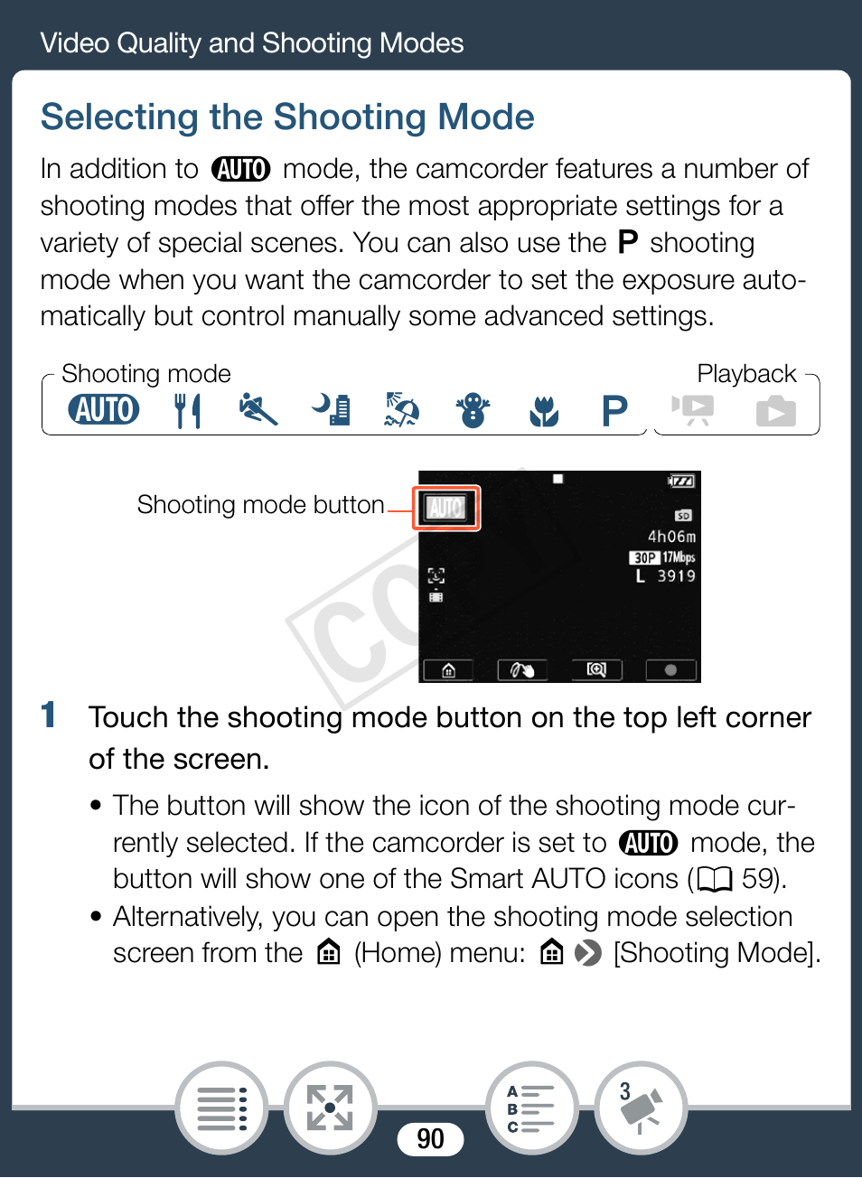 Selecting the shooting mode, Cop y | Canon VIXIA mini User Manual | Page 90 / 253