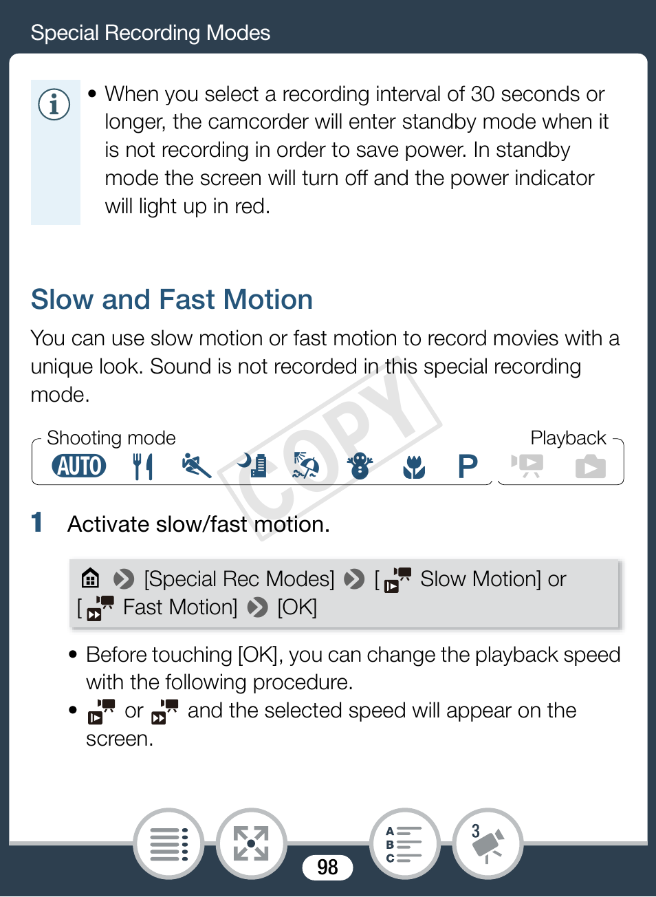 Slow and fast motion, Cop y | Canon VIXIA mini User Manual | Page 98 / 253