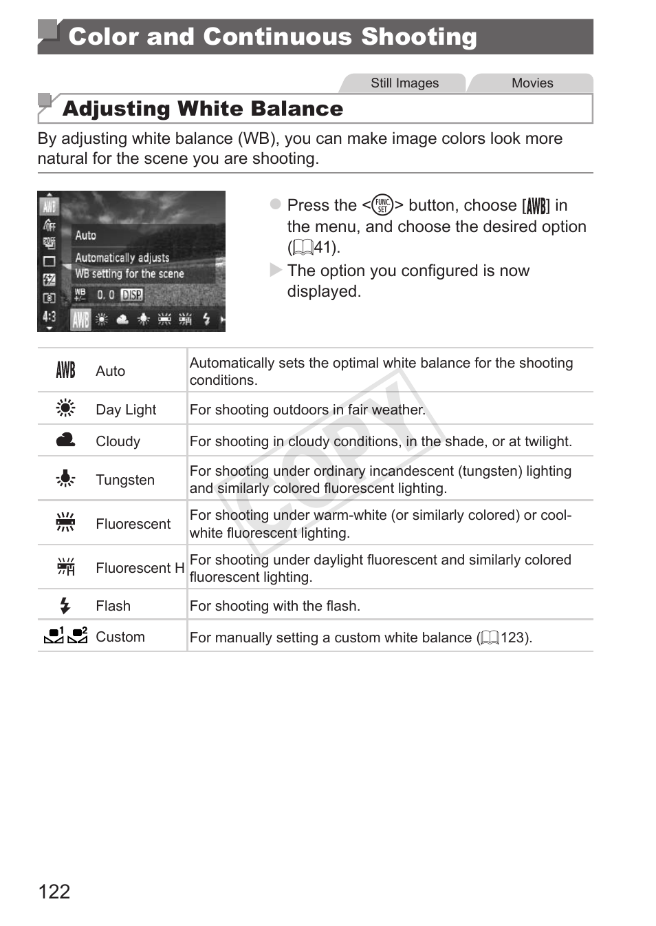 Color and continuous shooting, Color and continuous, Shooting | Cop y | Canon PowerShot SX50 HS User Manual | Page 122 / 286