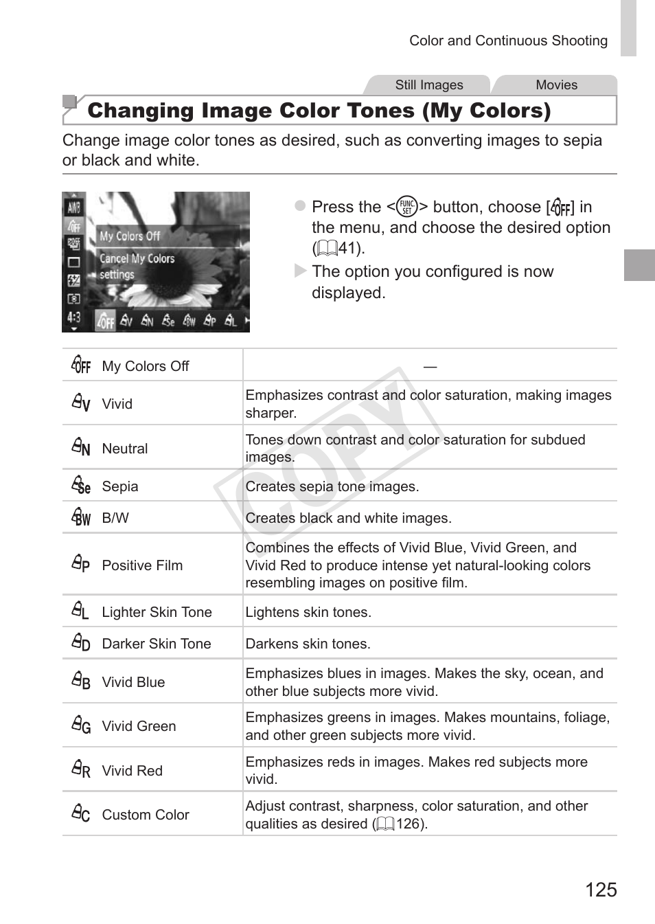 Cop y, Changing image color tones (my colors) | Canon PowerShot SX50 HS User Manual | Page 125 / 286