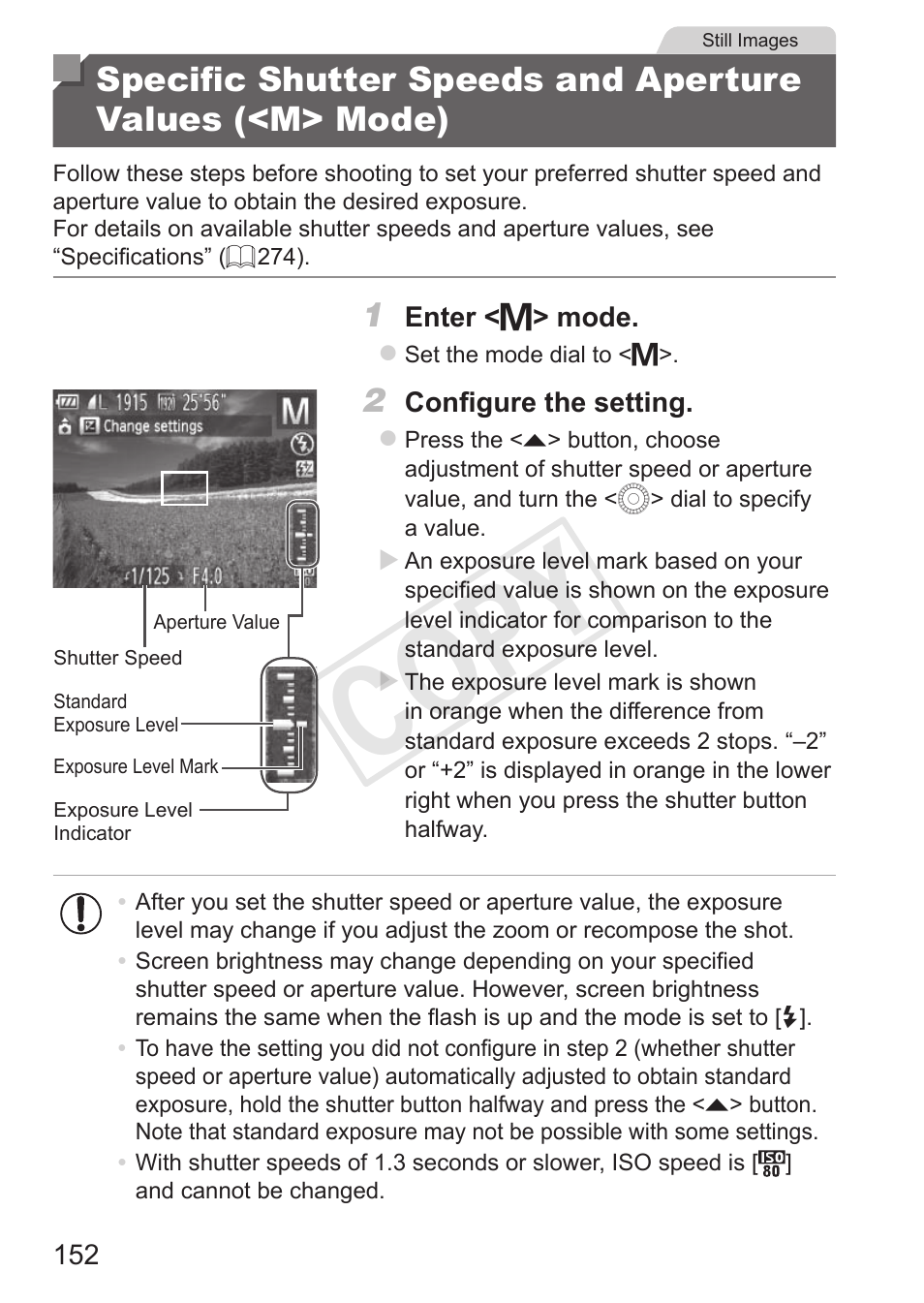 Specific shutter speeds and, Aperture values (<m> mode), Cop y | Canon PowerShot SX50 HS User Manual | Page 152 / 286