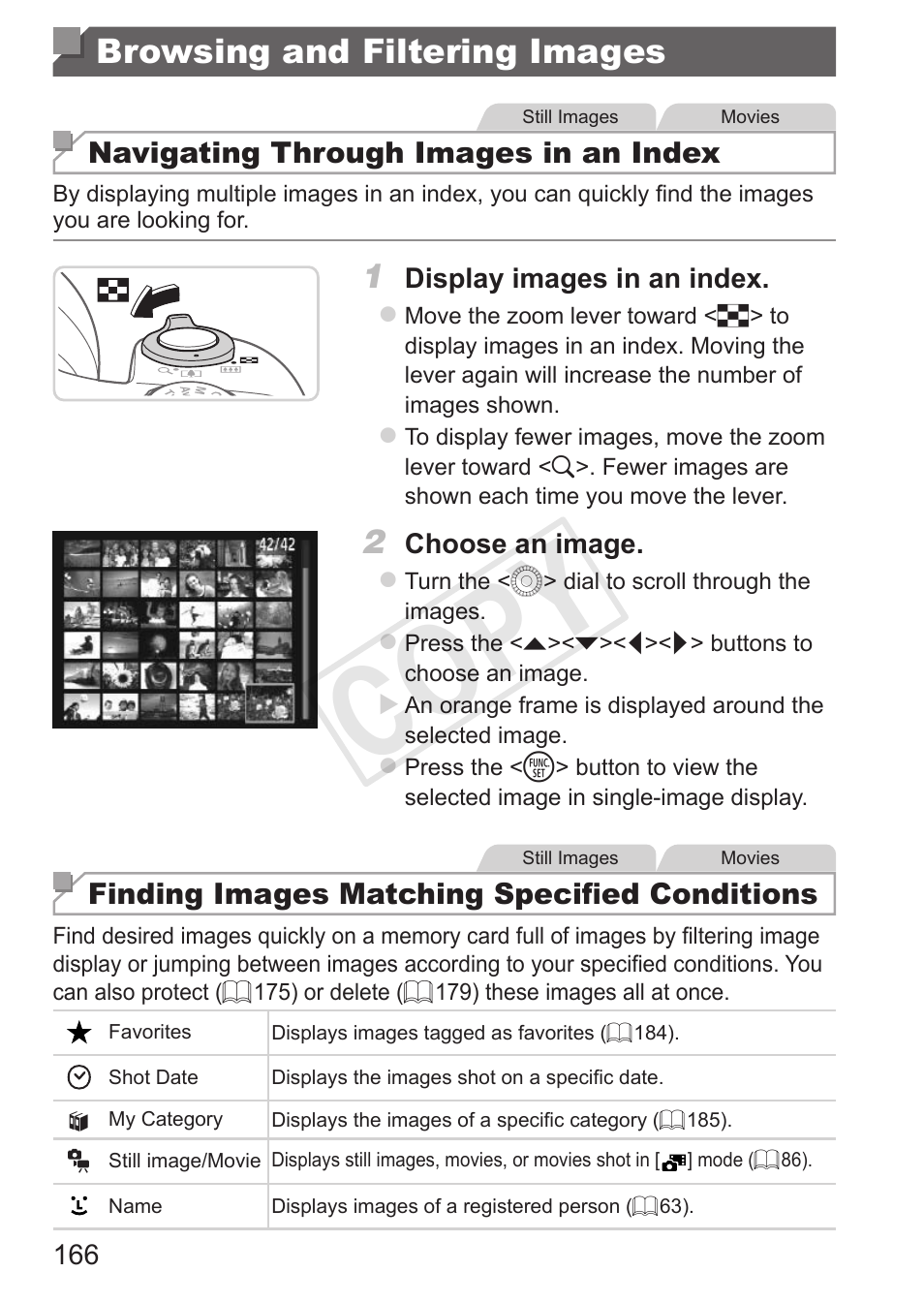 Browsing and filtering images, Browsing and filtering, Images | Cop y | Canon PowerShot SX50 HS User Manual | Page 166 / 286