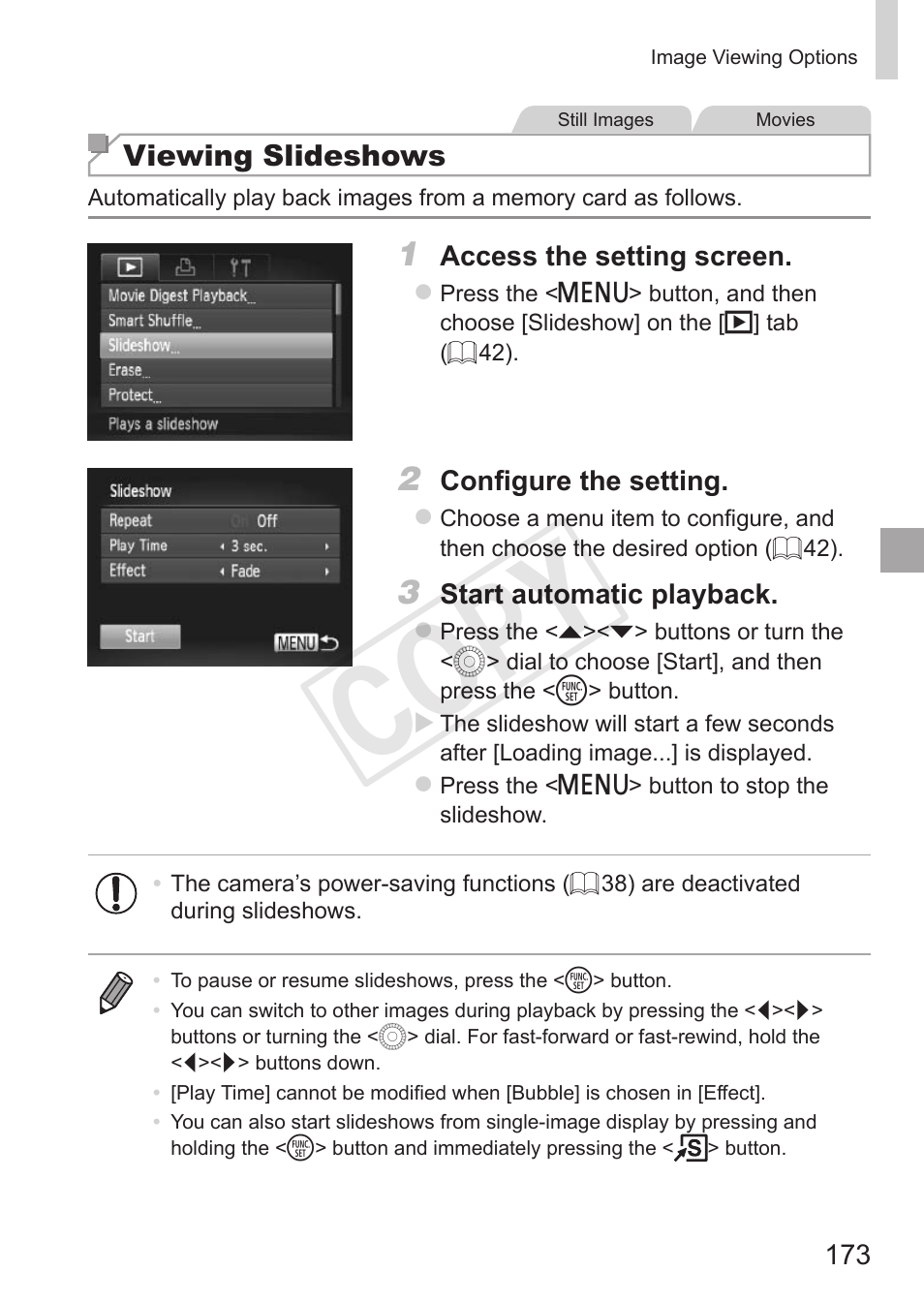 Viewing slideshows” (= 173), Cop y | Canon PowerShot SX50 HS User Manual | Page 173 / 286