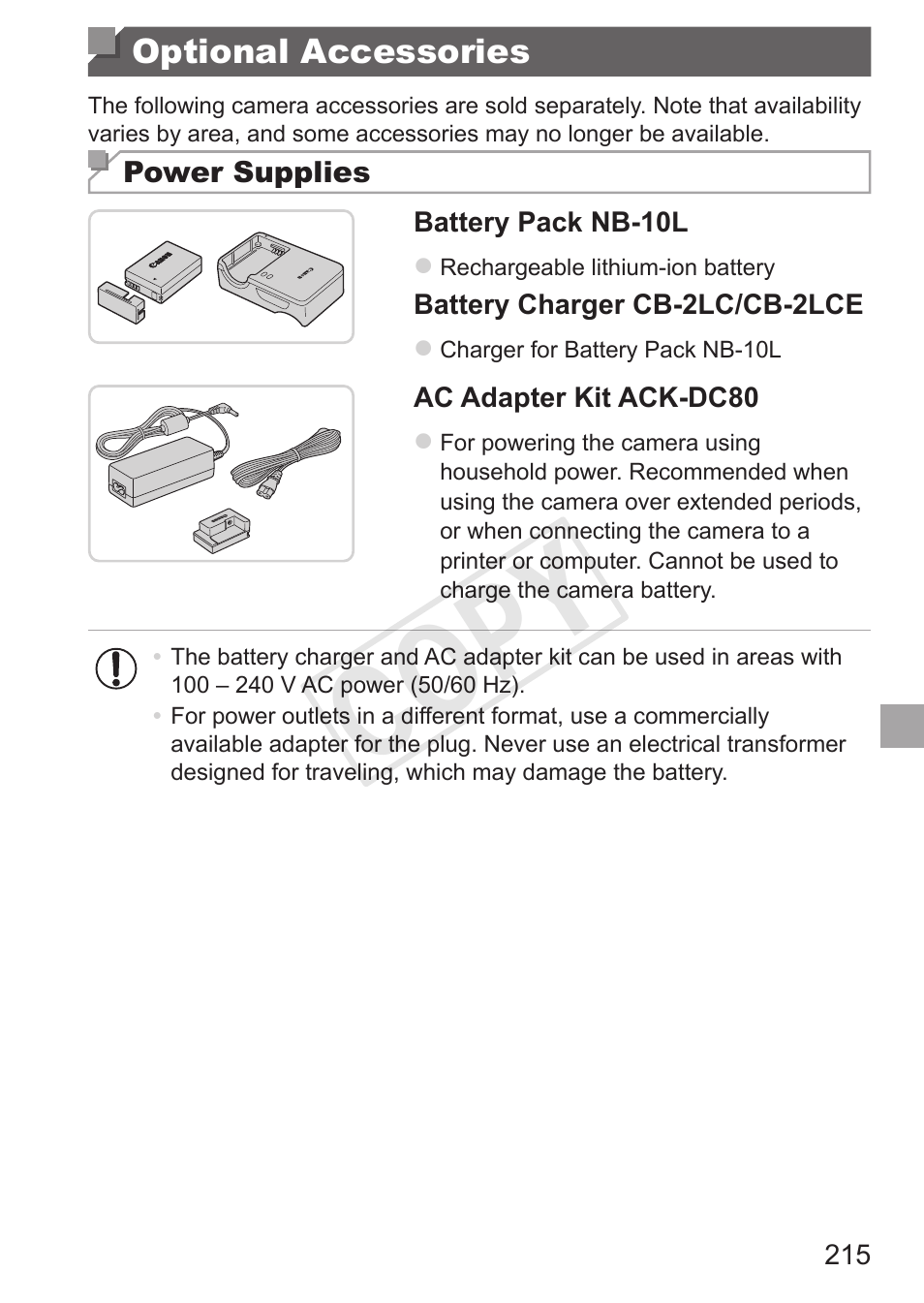 Optional accessories, Cop y | Canon PowerShot SX50 HS User Manual | Page 215 / 286