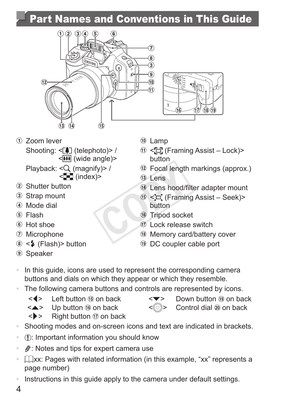 Part names and conventions in this guide, Cop y | Canon PowerShot SX50 HS User Manual | Page 4 / 286